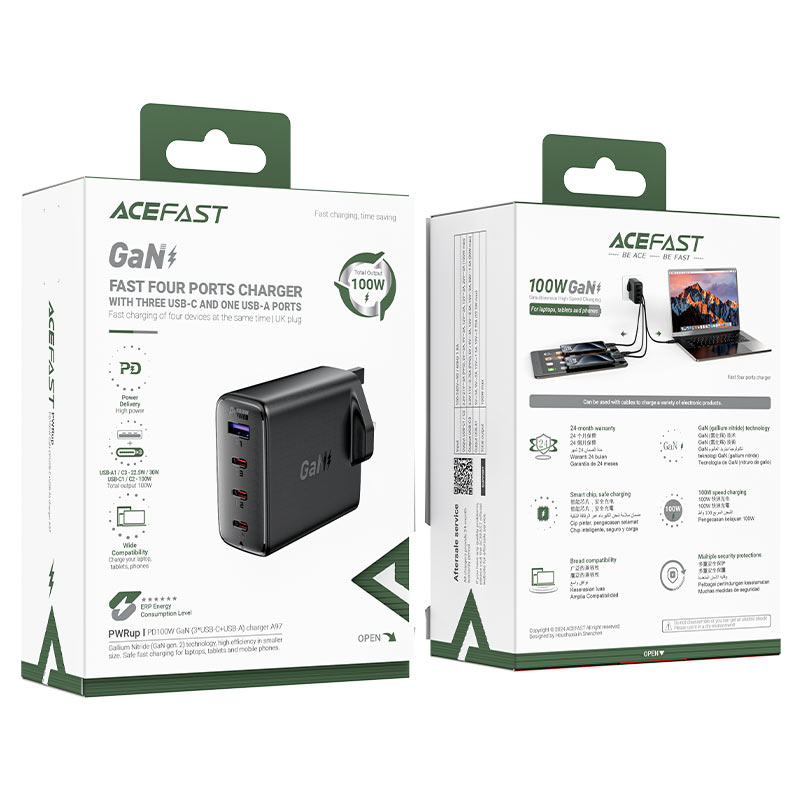 AceFast A97 PD100W GaN Wall Charger – 4-Port Fast Charging (UK Plug)