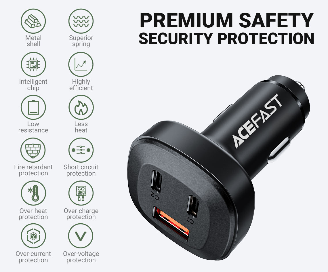 AceFast B3 66W Fast Charge Car Charger – Dual USB-C + USB-A