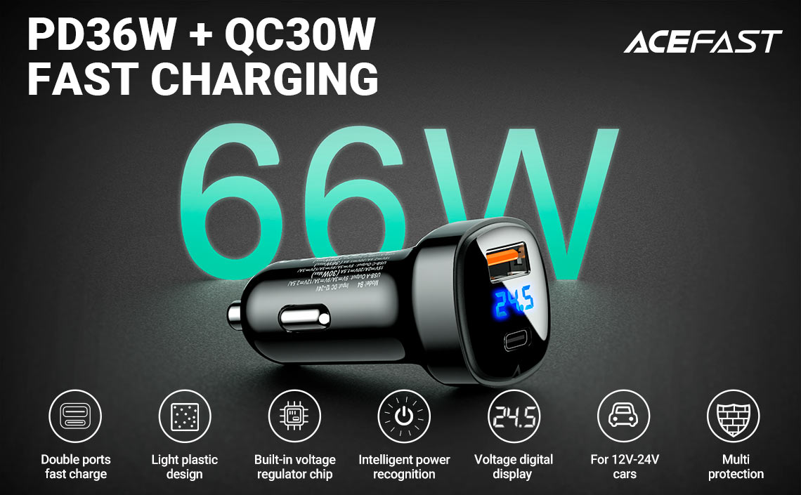 AceFast B4 66W Fast Car Charger with Digital Display – Dual USB Ports