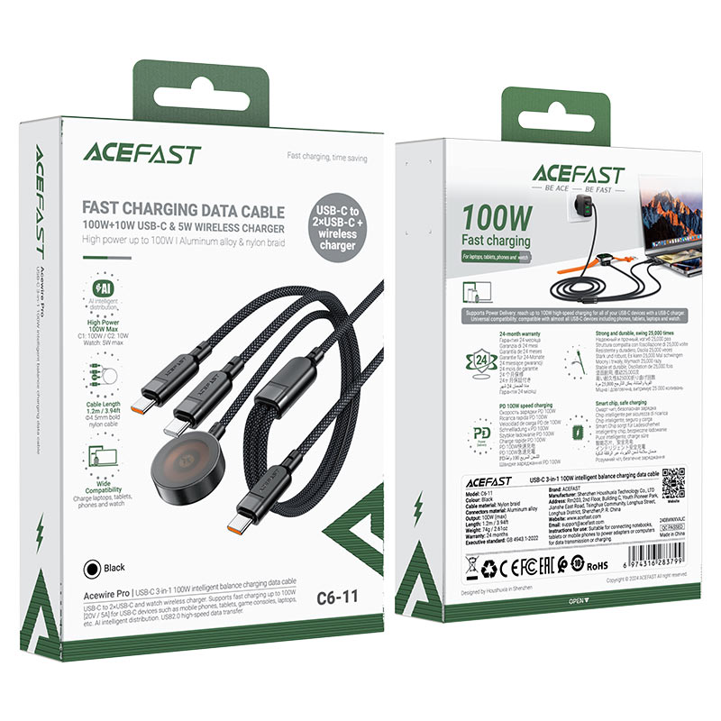 AceFast C6-11 3-in-1 Charging Data Cable 100W – Fast Charge &amp; Smart Convenience